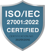 ISO/IEC 27001:2022 certified badge for information security.