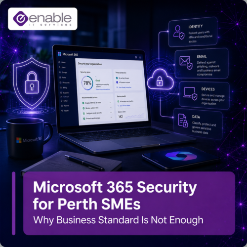 Microsoft 365 security for Perth SMEs showing a laptop security dashboard with identity, email, device and data protection layers